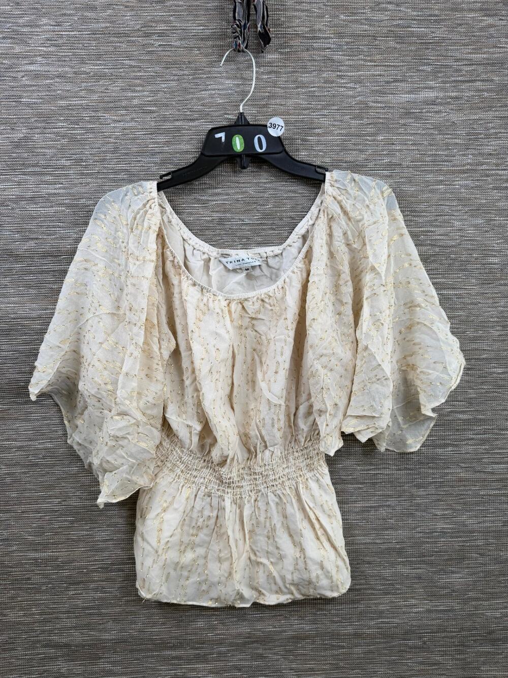 Trina Turk Silk Blend Off Shoulder Peasant Blouse Womens M Ivory Metallic Gold
